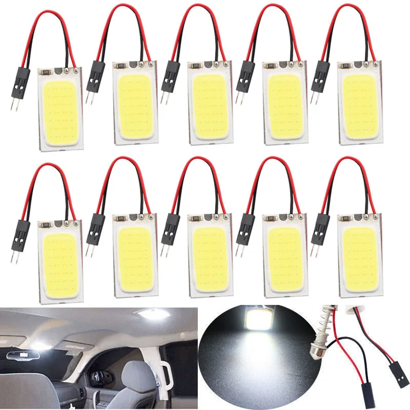 10Pcs White COB Led Panel Dome Light Interior Lamp 12V T10 Festoon Adapters Kits