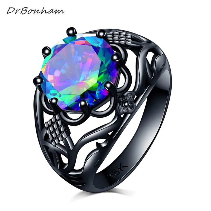 

DrBonham men women big 10mm AAA clear colorful CZ Cubic Zircon flower Ring black gold filled party alliance DR1723