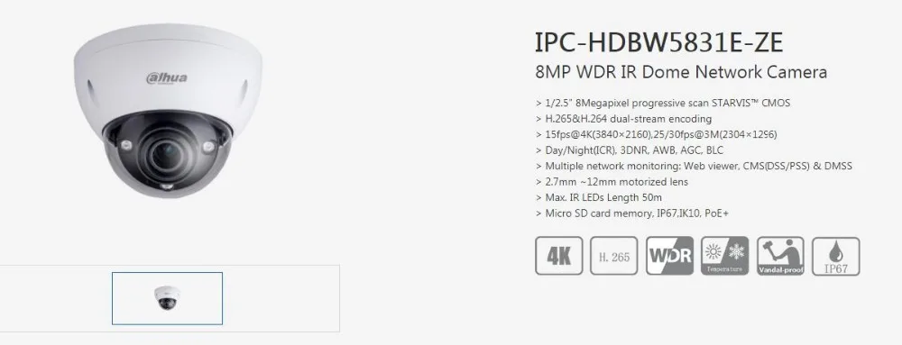 Sale Dahua 8MP IP camera IPC-HDBW5831E-ZE WDR Network h.265  IR50m PoE+ 2.7mm ~12mm motorized lens IK10 Micro SD memory 128GB IVS 1