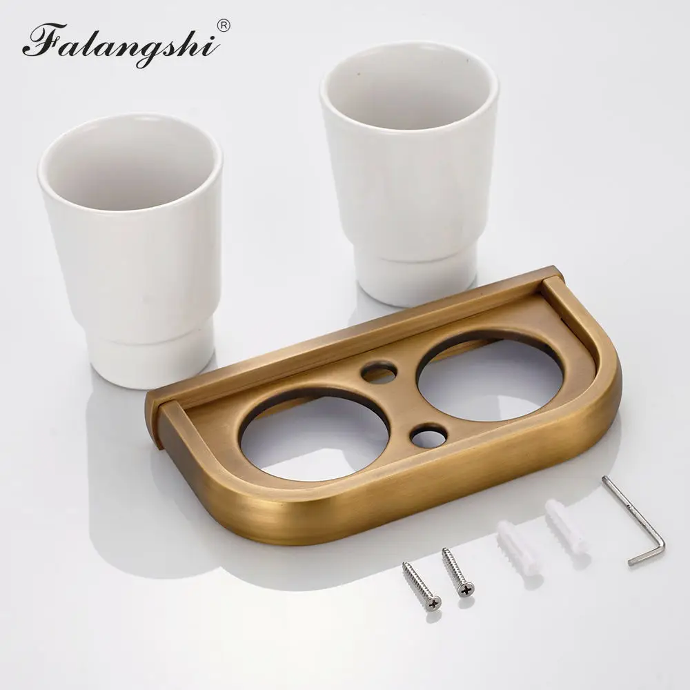 Copper Brass Cup Tumbler Holders Bathroom Accessories Double Ceramic Cup Holders Wall Mounted Toothbrush Holder WB8401