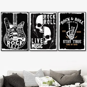 

Rock And Roll Live Music Guitar Vintage Nordic Poster And Prints Wall Art Canvas Painting Wall Pictures For Night Club Bar Decor