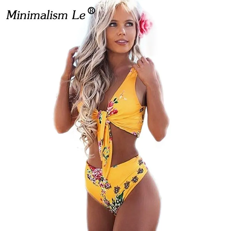 

Minimalism Le High Waist Bikinis Sexy Print Swimsuit Women Bandage Bikini Set Solid Bathing Suit Backless Beachwear Swimwear