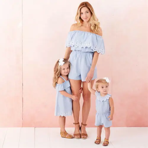 

One-shoulder Denim Embroidered Jumpsuit Female Dress Mother And Daughter Stripe Dress Matching Sleeveless Casual Family Clothes