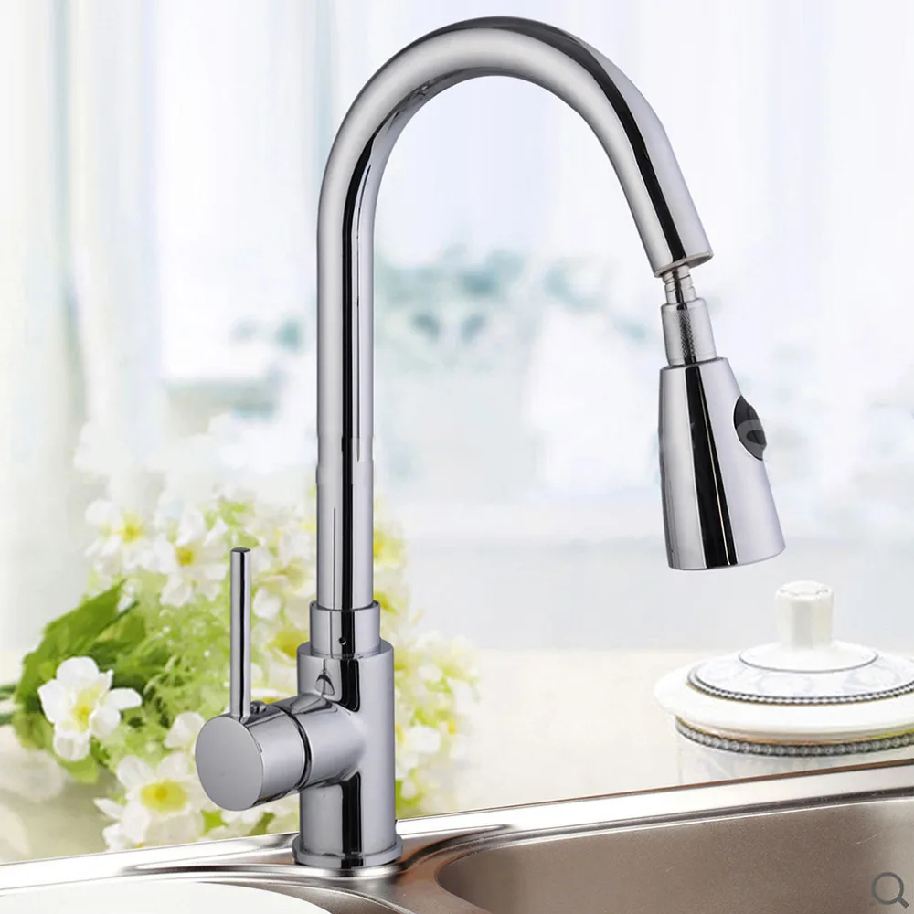

1PCS High Quality No Rust Water Streamlined Design Ceramic Valve 16" Pull-Out Chrome Kitchen Sink Faucet Spray Swivel One Handle