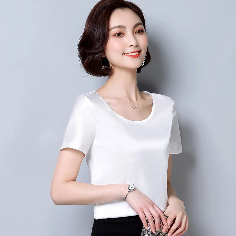 womens tops and blouses2018 women shirts plus size Silk O-neck sling top satin short sleeve stretch Solid blouse 2126 50