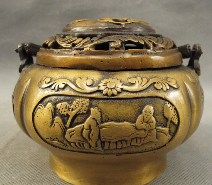 

S4986 Chinese Bronze Flower Old Man Kid Child Statue Handle Jar Incense Burner Censer D0317