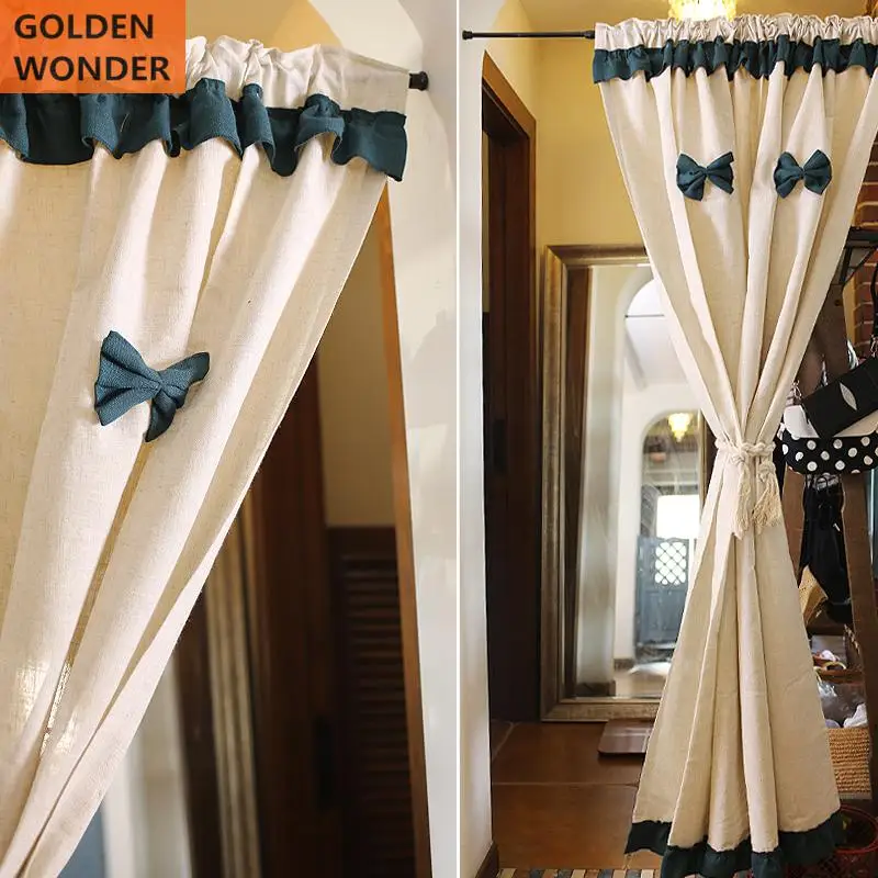 

GOLDEN WONDER Cotton and Lien Curtains Dark Green Bowknot Door Bedroom Curtain