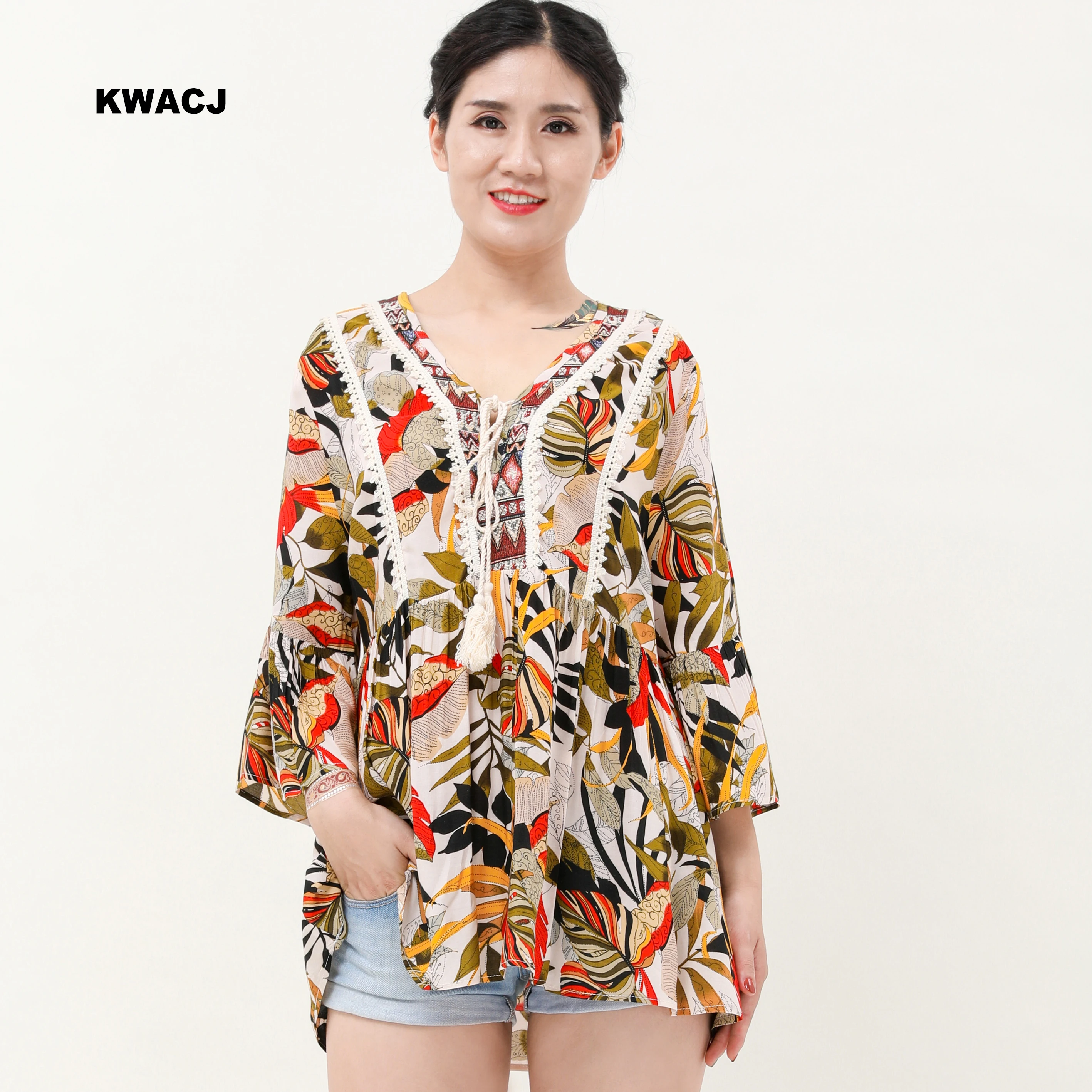 

KWACJ Vintage Blusas Women Bohemian Embroider and Lace Detail Deep V-Neck Ruffle Flare Sleeve Summer Boho Clothig Elegant Cami