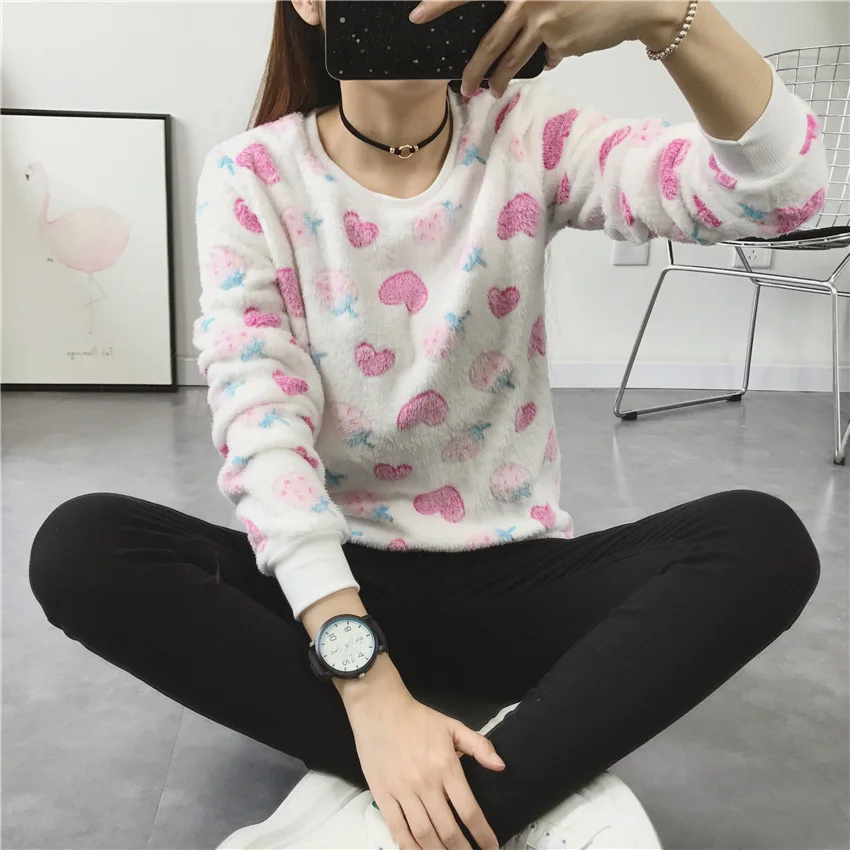 

Strawberry Print Women Fleece Sweatshirts Harajuku Christmas Women Warm Fashion Winter Wool Pullover Cashmere Knitted Hoodies