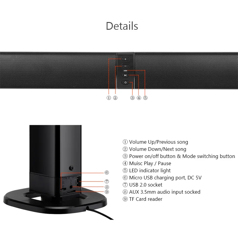 DOOLNNG 20W(Detachable)Wireless Bluetooth Column Soundbar Stereo TV Speakers Home Theater Built-in Battery Sound Bar TF USB FM