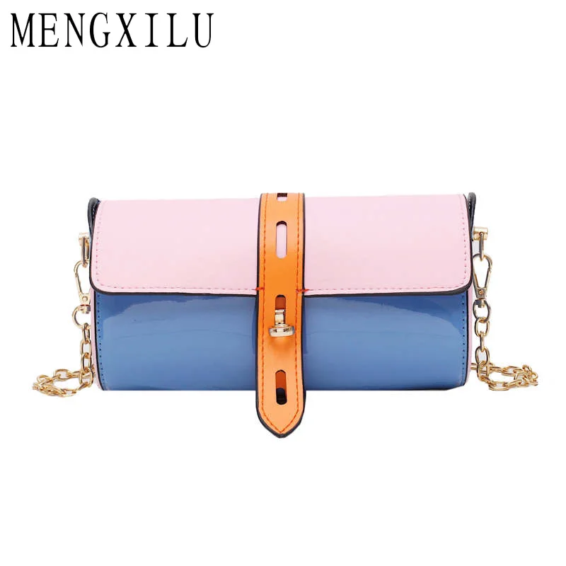 

MENGXILU Fashion Patchwork PU Leather Crossbody Bags Casual Chain Shoulder Strap Messenger Bag Luxury Brand Women Bags Designer