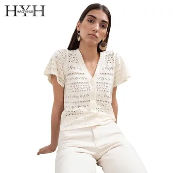 

HYH Haoyihui Women Bohemian Beach Style 2019 New Summer Open Stitch Fashion Solid Breaf Tops thin Sexy Hollow V-neck Sweater