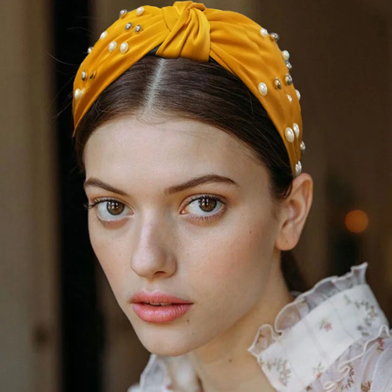 Новые модные милые женские повязки на голову с бантиком и искусственным жемчугом, летние тканевые широкие обручи, аксессуары для волос для девушек, ювелирные аксессуары