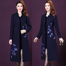 Зимнее осеннее модное женское длинное шерстяное пальто с воротником-стойкой синего и черного цвета, Женское пальто с вышивкой бриллиантами 4xl 5xl