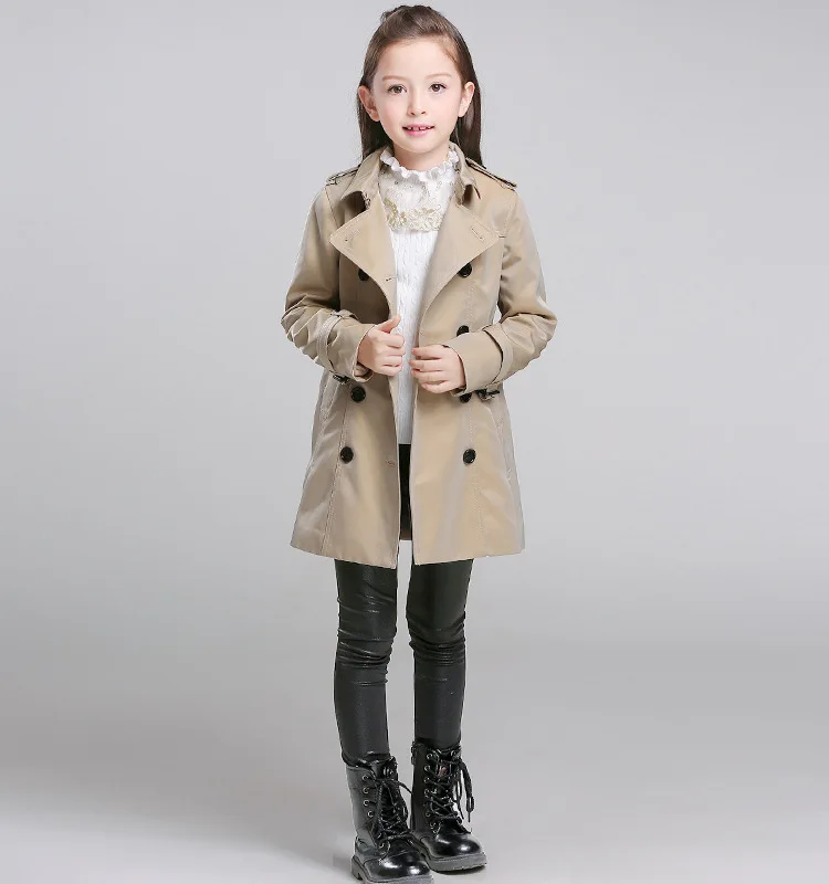 BAYALI пальто для девочек брендовая двубортная Классическая верхняя одежда цвета Хаки Детская длинная одежда с поясом в английском стиле высокого качества