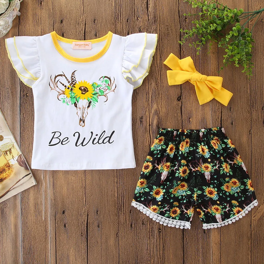 

Toddler Baby Girl sun Floral Shorts+flying sleeve sleeveless Round neck T shirt Letter BE WILD Tops Outfits Clothes 2Set