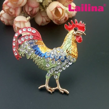 

50pcs/lot 50mm Gold Plated Enamel Rooster Rhinestone Animal Cock Brooch Pin