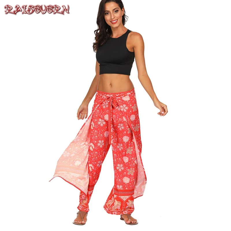 

RAISEVERN Girl Floral Print Wide Leg Pant High Split Women Long Casual Pant Summer Boho Beach Elastic High Waist Trouser 2019