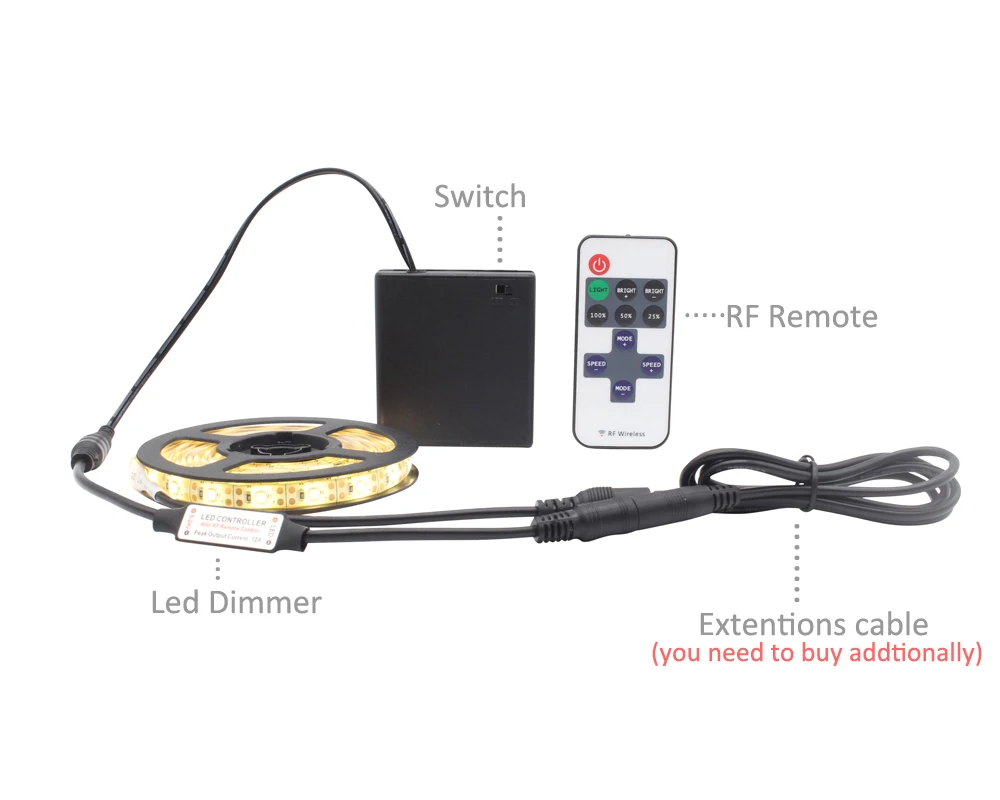 Светодио дный полосы света Батарея Powered затемнения DC 5 В светодио дный ленты Батарея работает в полоску Водонепроницаемый 4AA с РФ 11 кнопок