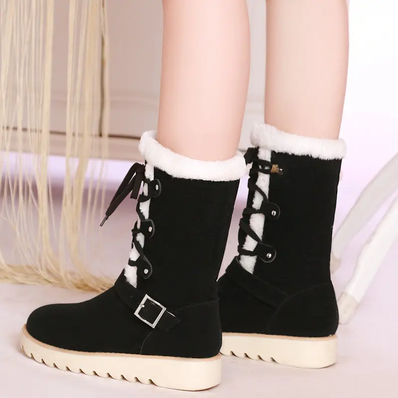 

Women's Flock Snow Boots Flat With Low Heel Ankle Boots Platform Lace Up Winter Plush Warm Ladies Shoes Black Beig Drop Shipping