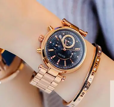 Модный бренд GUOU, 3 глаза, водонепроницаемые, кожа или розовое золото, сталь, аналог, календарь, наручные часы, наручные часы для женщин и девушек - Цвет: Steel Black