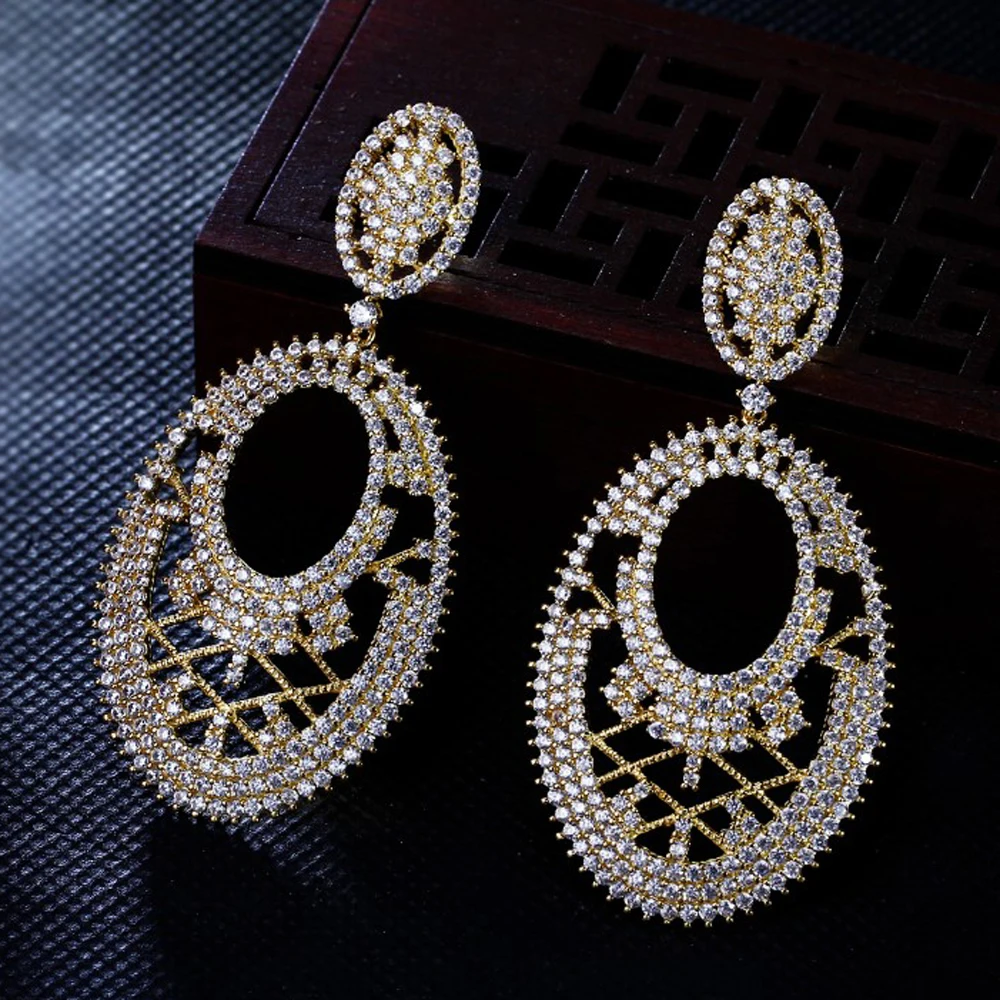 Indescribable Beauty Earring Shiny Zircon Stone in Gold and White Color Long Oval Dangle Earrings For Women