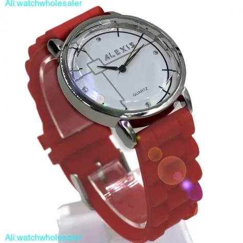 FW824G New White Dial PNP Shiny Silver Watchcase Silicone Red Band Fashion Watch