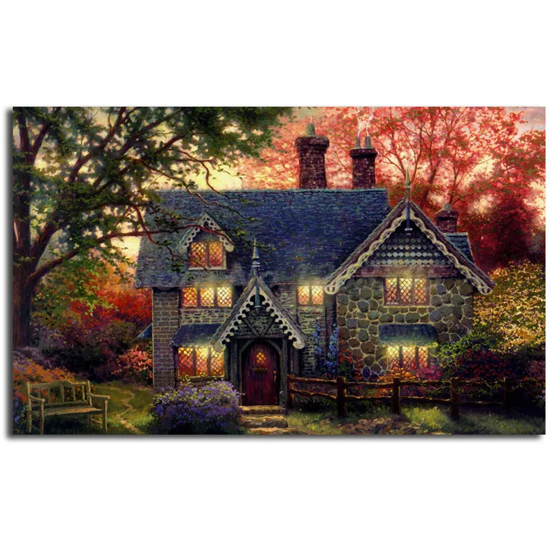 

Gingerbread Cottage Painting By Thomas Kinkade Art Canvas Poster Painting Wall Picture Print Home Bedroom Decoration No Frame