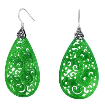 

New Fine Solid Sterling Silver Earrings Women Hollow Green Jadeite Water Drop Dangle Earrings