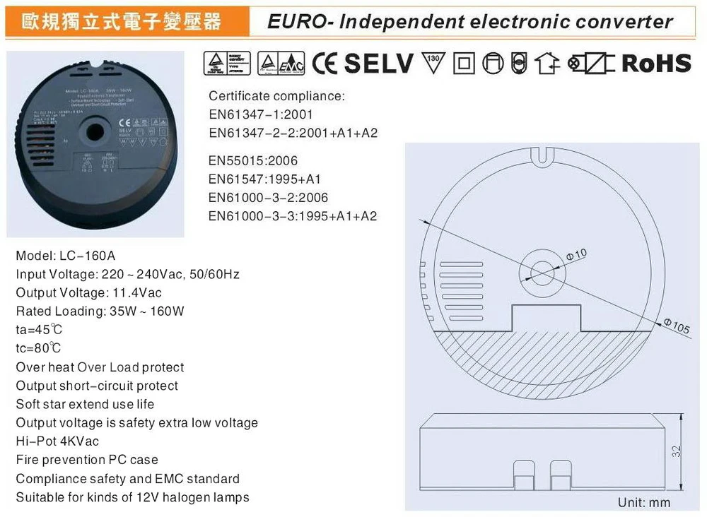 LC-160A Вход 220-240V евро независимых 35-160W электронный преобразователь для 12-тивольтная галогенная лампа для задних фар лампы для осветительных приборов