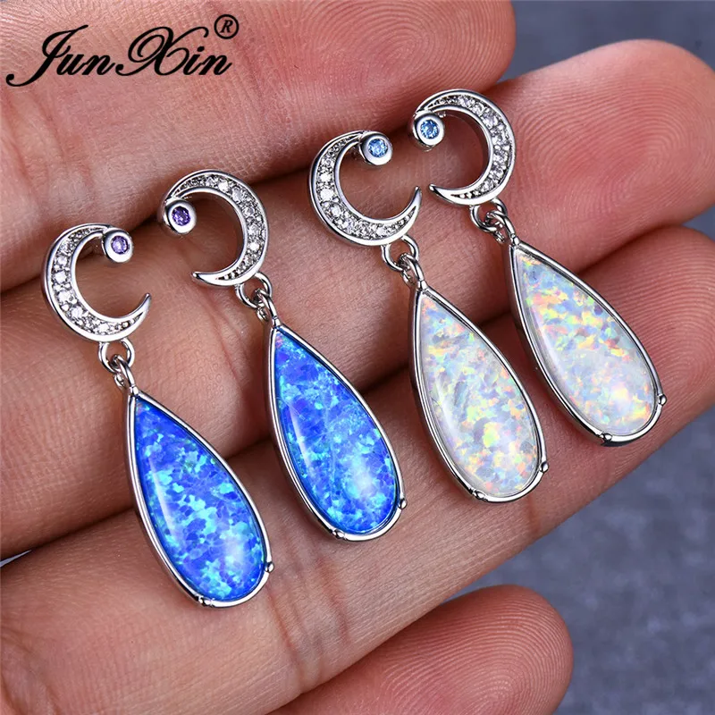 JUNXIN Luxury Teardrop Stone Moon Drop Earrings For Women Silver Color Water Blue White Fire Opal CZ | Украшения и аксессуары