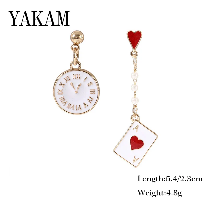 

Red Enamel Poker Cards Heart A Alice In Wonderland Fantasy Clock Drop Earrings 2019 Gold Color Cartoon Earring For Women Jewelry