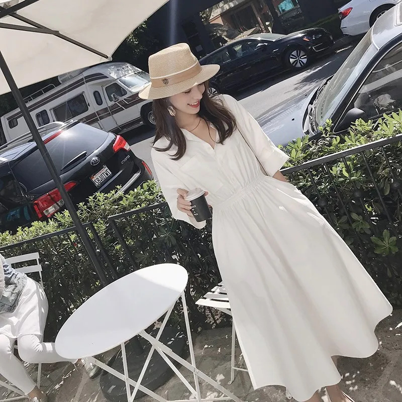 

Summer Shirt Dress Women Elegant Office 2019 A-line High Waist Dresses Vestidos Midi Dress