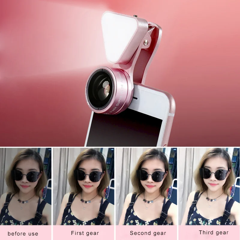 

3 in 1 Mobile Phone Fill Light 0.36X Wide Angle 15X Macro Lens for Self-Timer HSJ-19