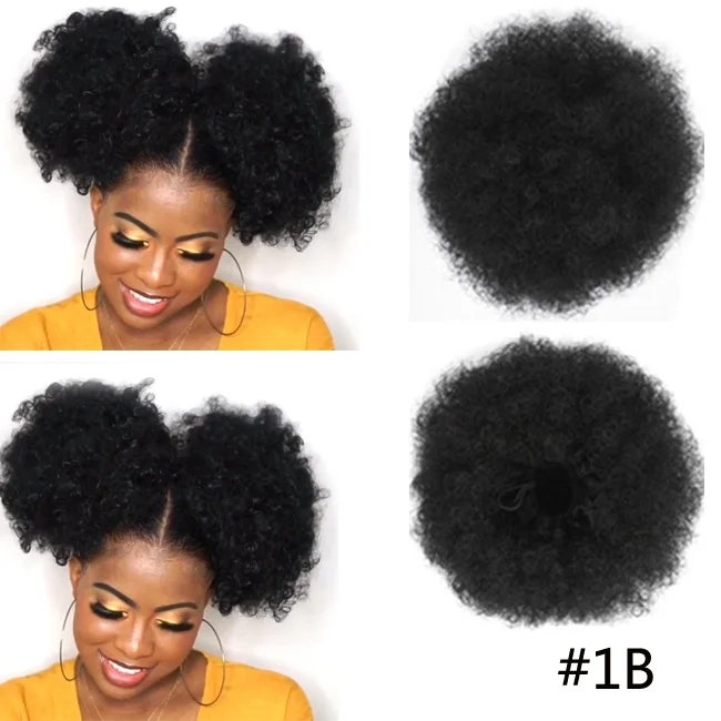 6 дюймов Короткие афро слоеные синтетические волосы булочка шиньон для женщин шнурок конский хвост курчавый кудрявый Updo Клип Наращивание волос - Цвет: # 1B