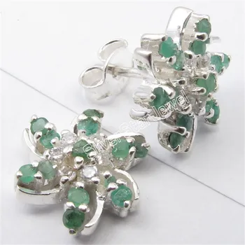 

Sterling Real EMERALDS With CUBIC ZIRCONIA Lovely Stud Earrings 1.3CM
