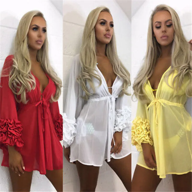 

2019 New Sexy Women Beach Cover-up Long Sleeve Ruffles Beach Tunic Bathing Suit Summer Beach Wear Swimwear Mesh Beach Dress