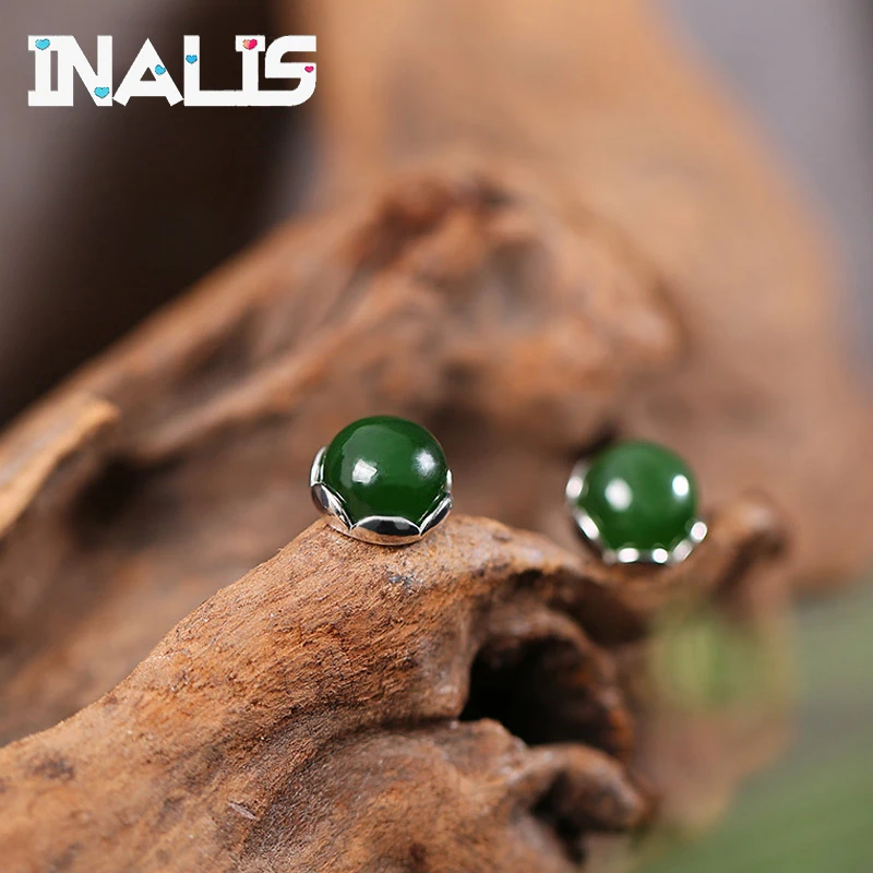 

INALIS Simple Round Design 925 Sterling Silver with Single Emerald Jade Stud Earrings for Women Rhodium Plated Ear Fine Jewelry