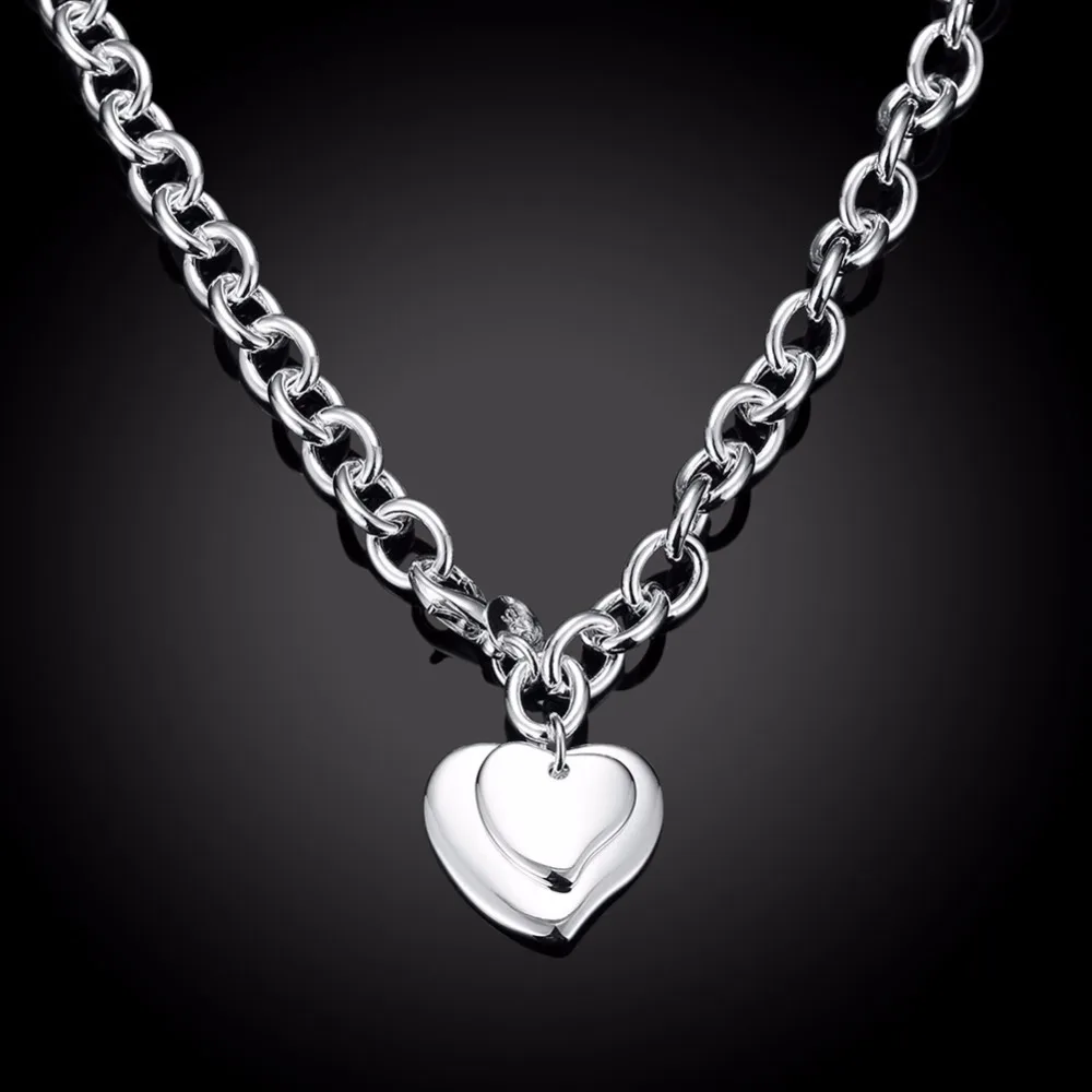 Women's Jewelry 18'' Rolo chain necklace 925 sterling silver Fashion Charm double heart pendant