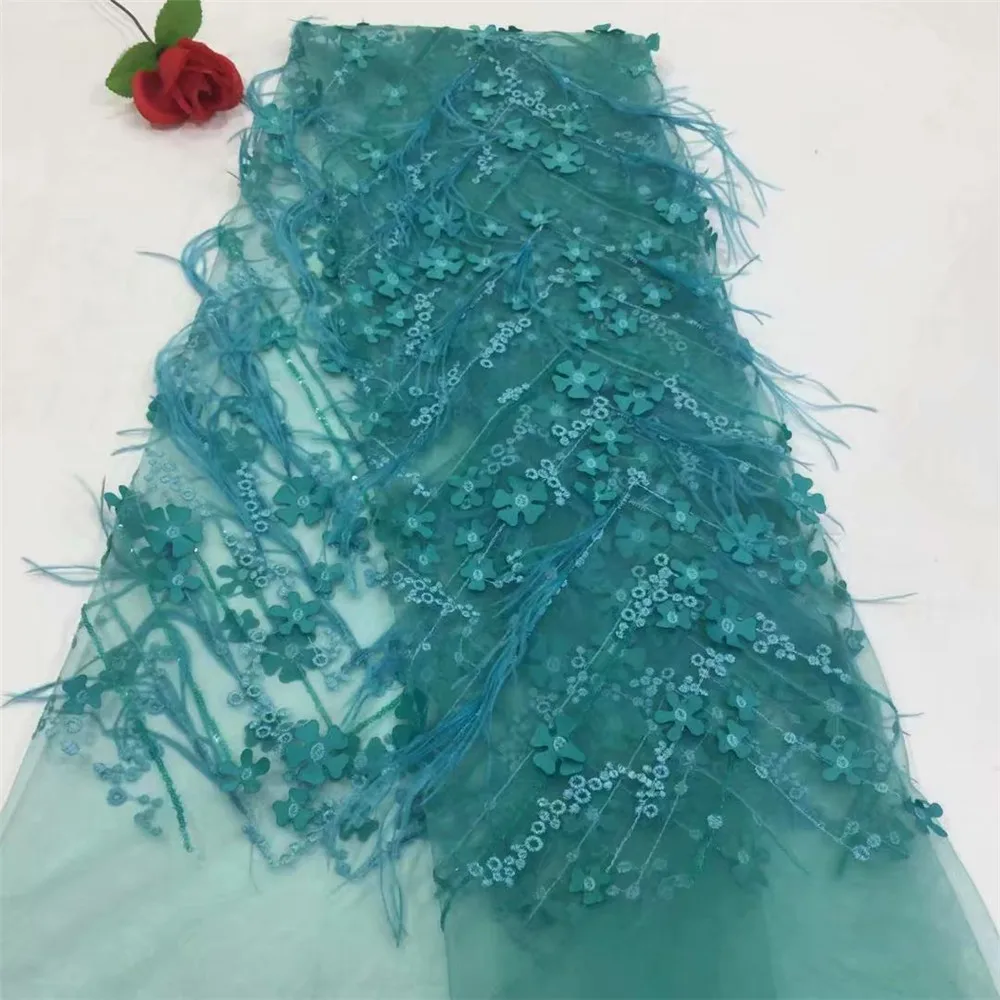 

2019 African 3D flowers lace fabric French Embroidery tulle lace fabric African lace fabric with feathers for dress HX448-2