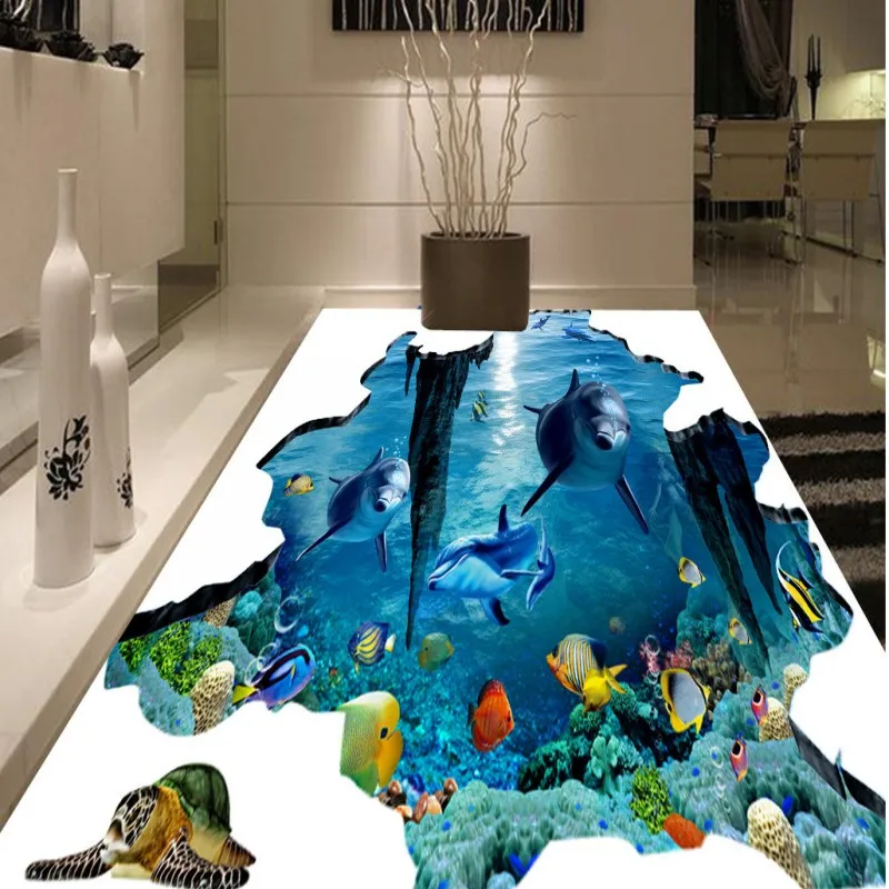 

Free Shipping 3D marine dolphin flooring painting bathroom shopping mall decorative self-adhesive floor mural