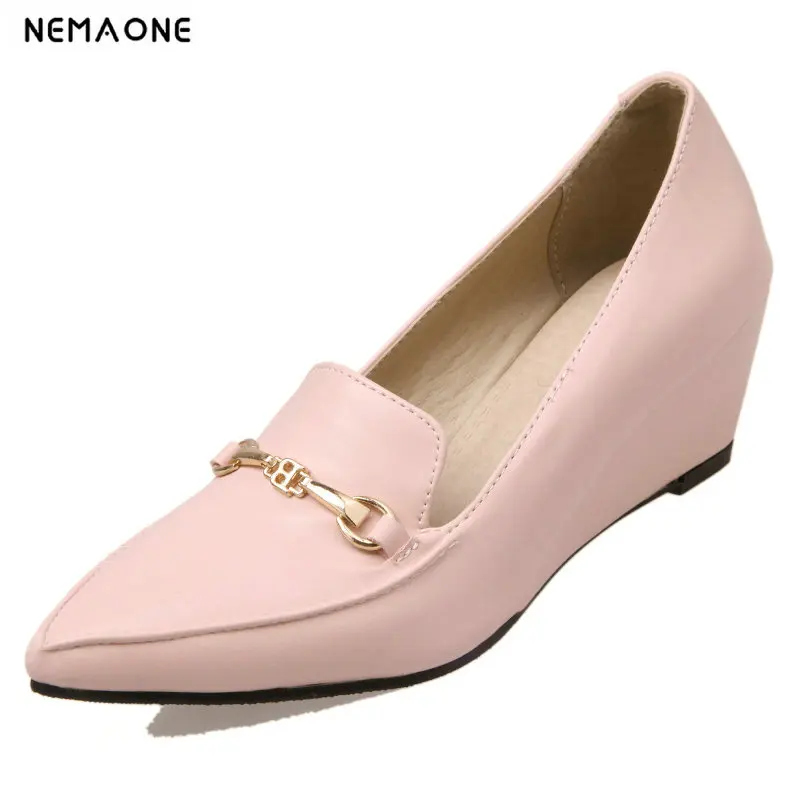 

Ladies New Fashion Not Lace-up Wedges Women Pumps 6cm High Heel Metal Ornament The Shallow Mouth Party Women Shoes