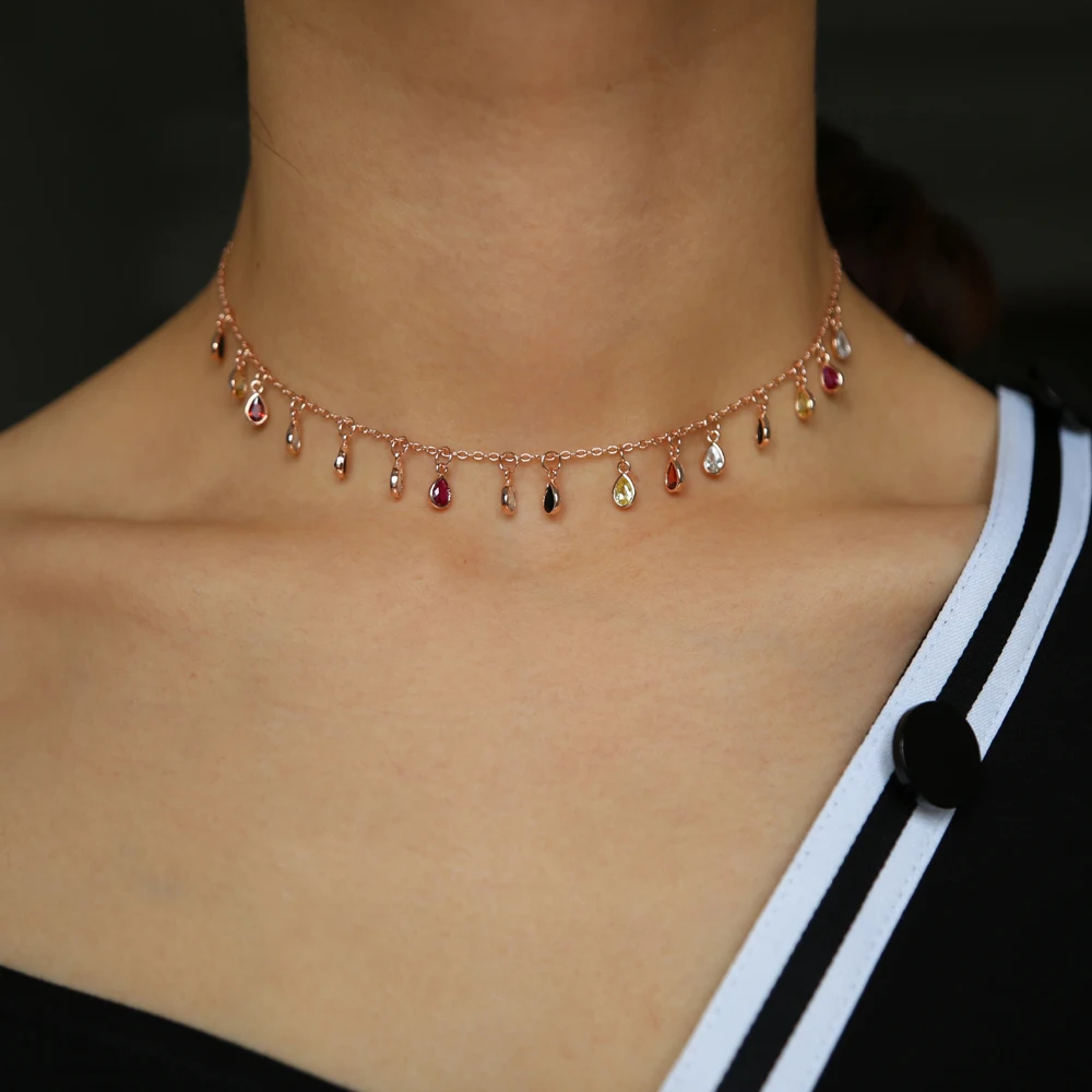 

colorful cz tear drop cz necklace choker Romantic colorful cubic zirconia drop charm Lariat sexy rose gold Elegance jewelry