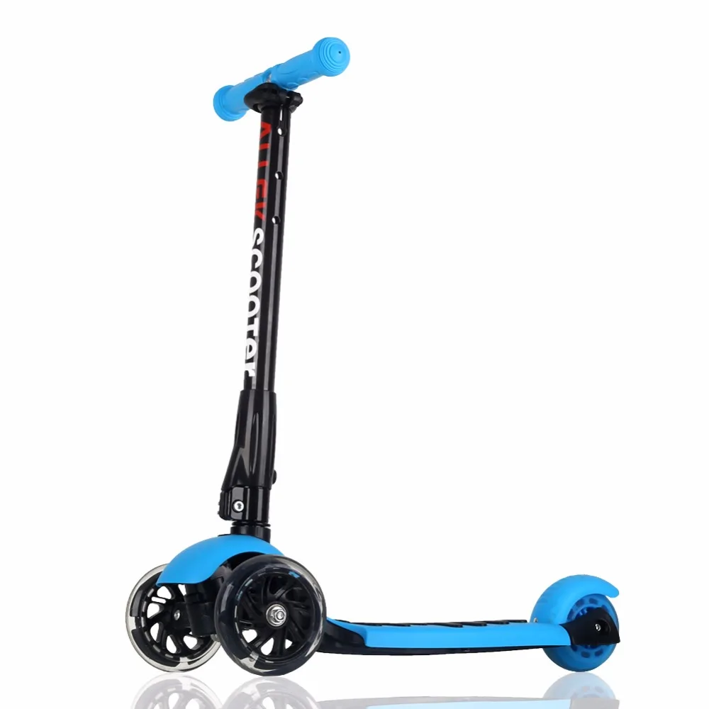

US Ship Blue Scooters Allek Foot Kick Scooter Folding 3 Wheels with LED Light Up T-bars for Kids