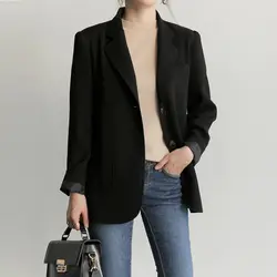 Модные осенние Для женщин Пиджаки и жакеты работы Офисные женские туфли костюм свободные черный однобортный Бизнес женский пиджак пальто
