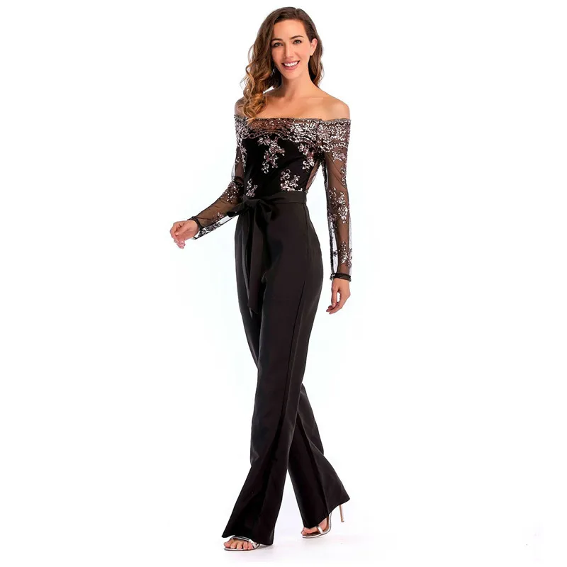 plus size rompers womens jumpsuit 2018 summer off shoulder black jumpsuit pants long sleeve one piece jumpsuit with sequin 21788