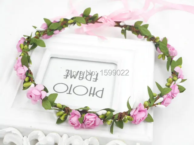 

Boho Flower Crown Handmade Mori Girl Pink Headband Rustic Hair Accessories Floral Woodland Head Wreath Diy Festival Headdress