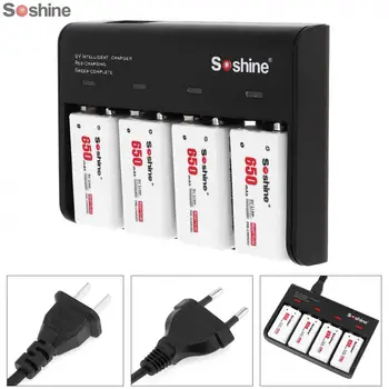 

New Soshine 4 Slots 9V Battery Smart Charger with LED Indicator + 4pcs 9V 6F22 650mAh Li-ion Rechargeable Battery