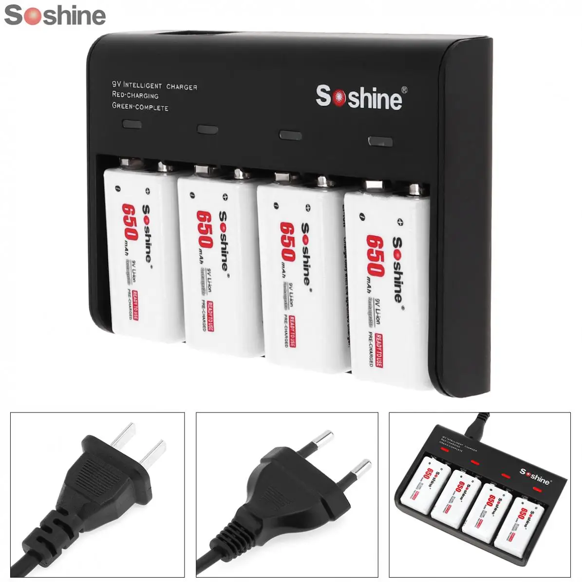 Новый Soshine 4 слота 9 В батарея умное зарядное устройство с Светодиодный индикатор +