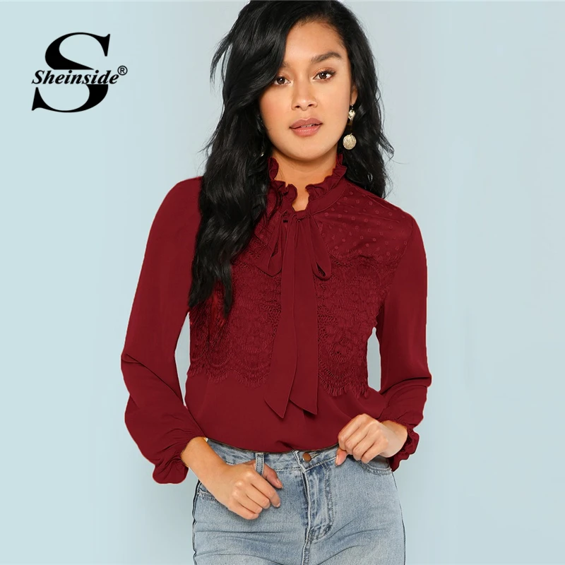 

Sheinside Elegant Blouse Women Shirts Ruffle Tie Neck Contrast Lace Top Burgundy Long Sleeve Blouses For Woman 2018 Ladies Tops